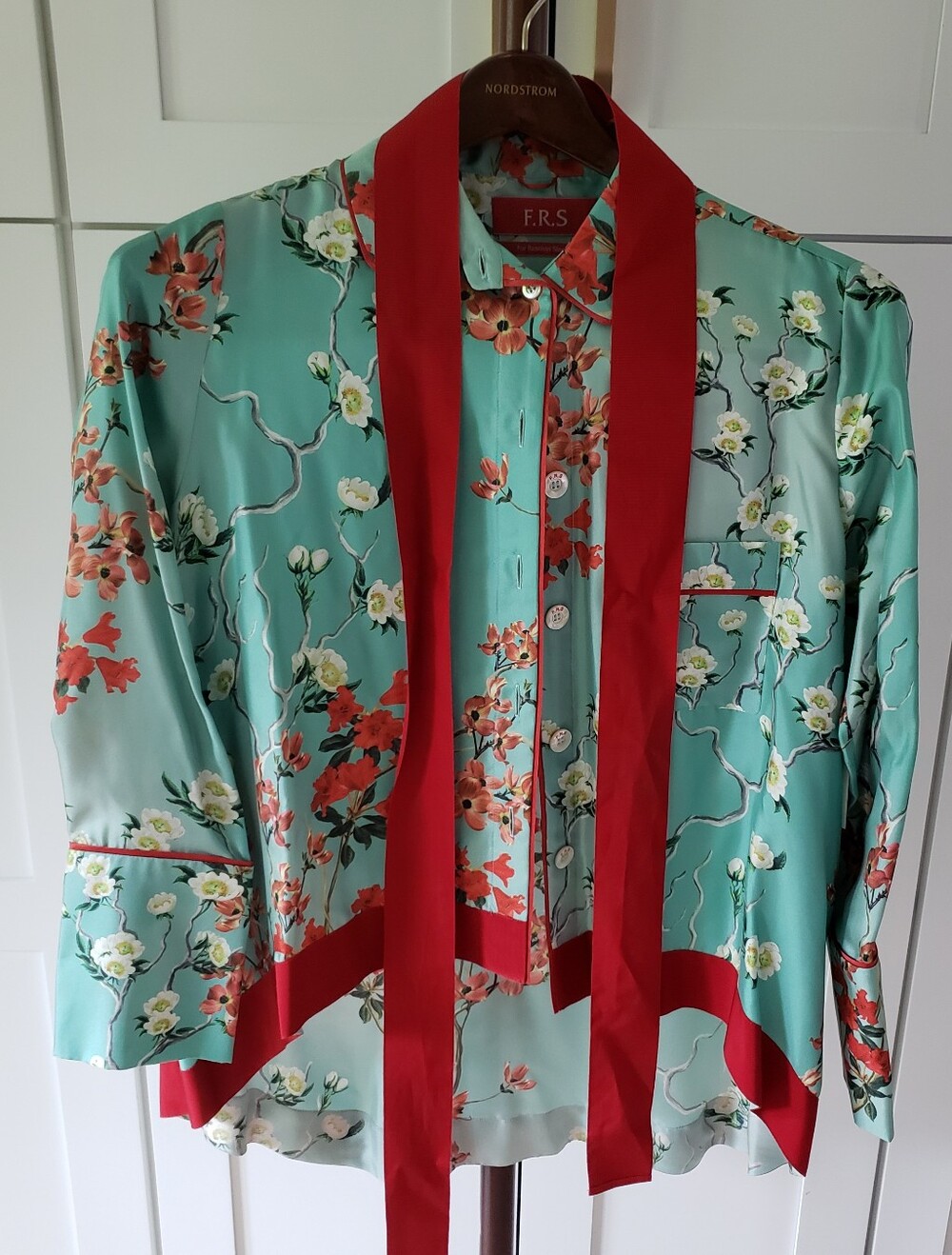 F.R.S For Restless Sleepers Poros Silk Button Up Top Womens Large Blue